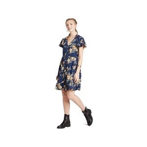 Xhilaration Floral Short Sleeve V-Neck Button-Down Dress Medium Navy Tie